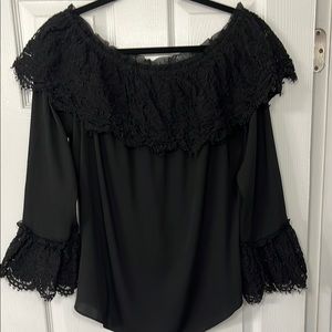 White House Black Market Black Ruffled Bell Sleeve Blouse